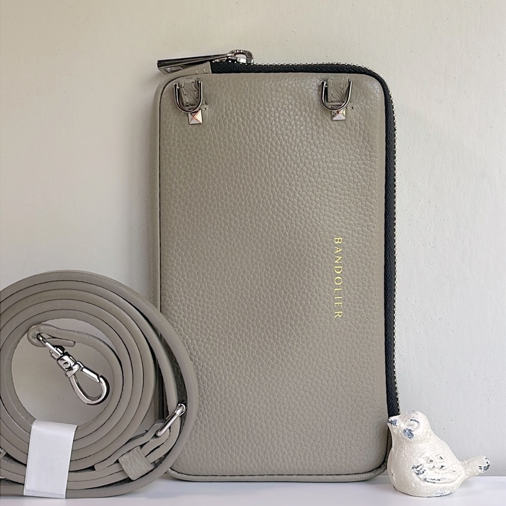 Bandolier Pebble Leather Expanded Zip Pouch in Greige/Silver